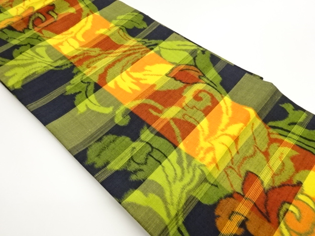 JAPANESE KIMONO / NAGOYA OBI / SILK / HAND WOVEN TSUMUGI / ABSTRACT STRIPE & FLORAL ARABESQUE